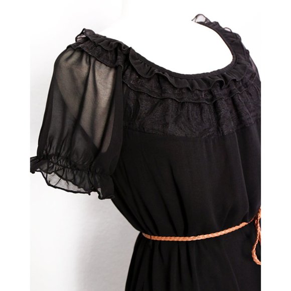 Black Sheer Chiffon Frill Ruffle Shift Dress +BELT - Picture 2 of 8